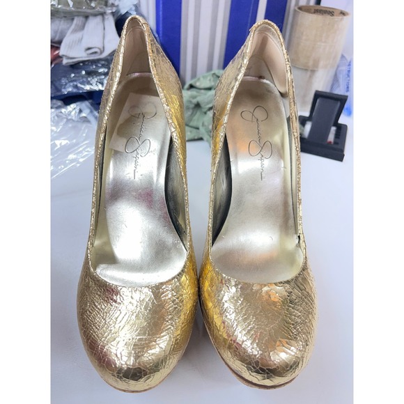 Jessica Simpson Shoes - Jessica Simpson Gold Metallic Cracked Platform Pumps Cork Heels Womens 8B 38